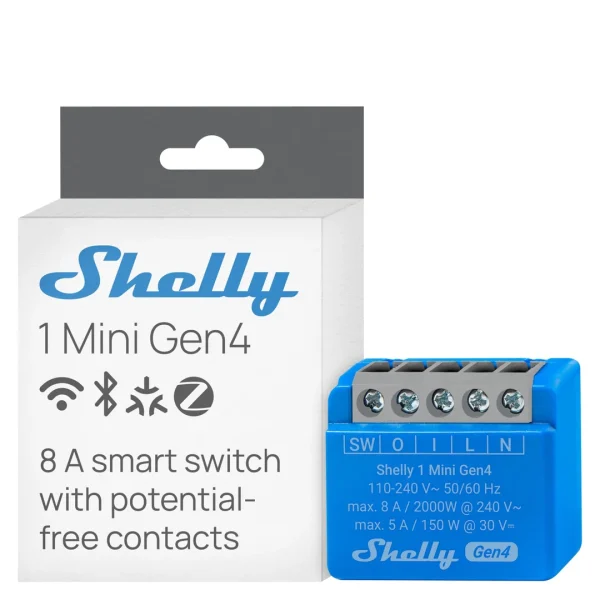 Shelly1MiniGen4 Shelly 1 Mini Gen4 Compact Smart Switch For Controlling Lights And Small Appliances Up To 8A